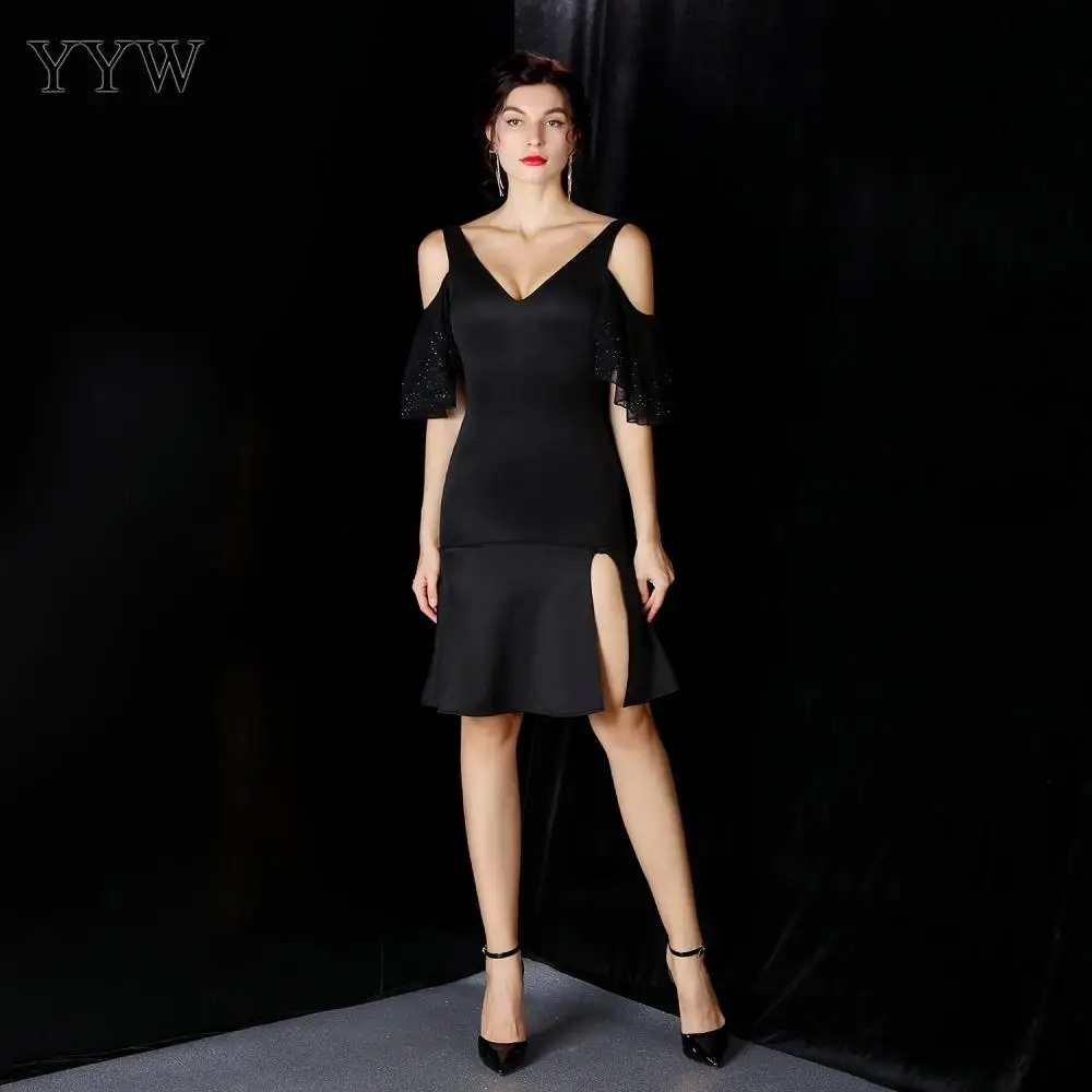 เซ็กซี่ลึกVชุดราตรีสีดำแขนกุดไม่สม่ำเสมอพรรคElegant Midi BodyconเดรสFemme Vestidosแฟชั่นRobe De Soiree