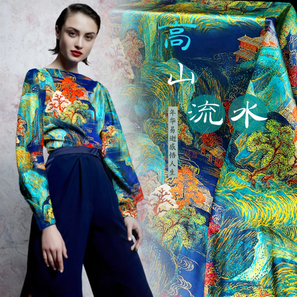 Printed silk stretch satin 19 momme width 120cm Blue and Green Silk Shirts and Dress Sewing Material