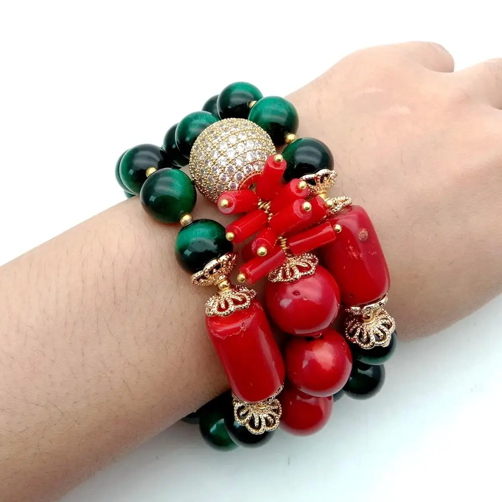 

8" 3 Strands Green Tigers eye Red Coral Cubic Zirconia Micro pave beads statement Bracelet for women fashion jewelry