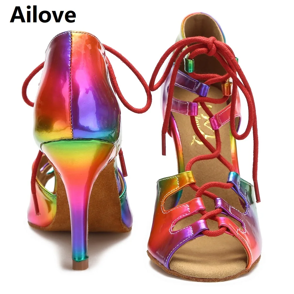 Women Ballroom Latin Dance Shoes Lady Lace-Up Salsa Dancing Sandals Bright Rainbow PU Indoor Sports Heels ALS052