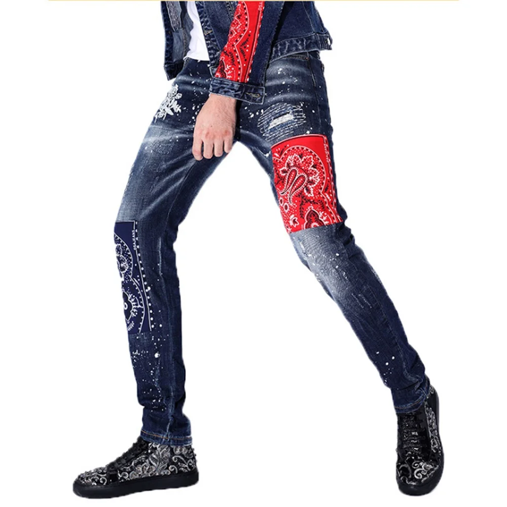 EH·MD® Embroidered Patch Jeans Men's Painted Ripped Hole Ethnic Style Decoration Micro Chapter Scratched Cotton Slim Pants Plaid