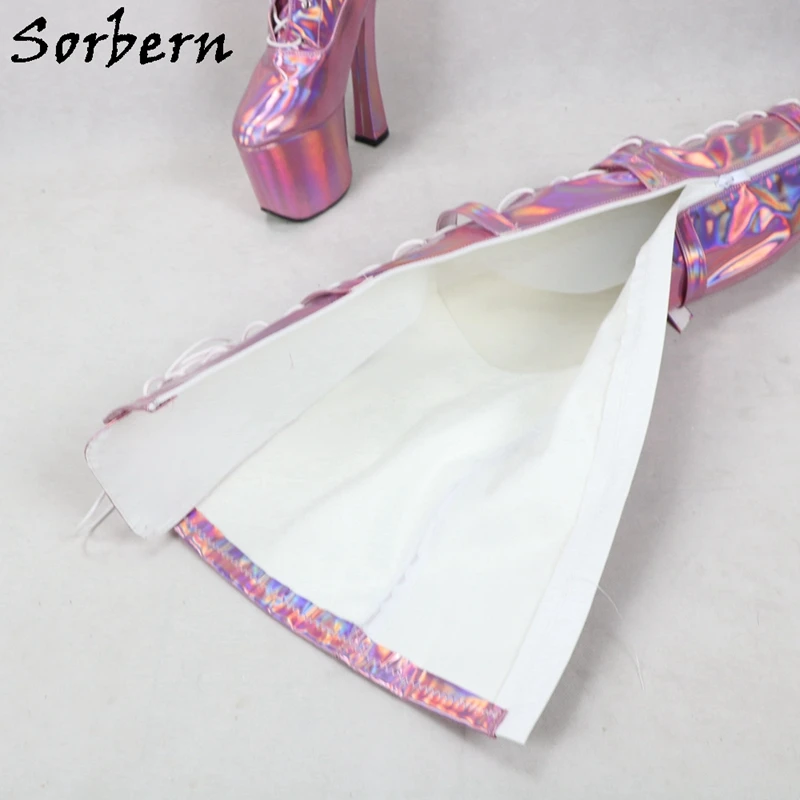 Sorbern Pink Holographic Boots Women Crotch Thigh High 20Cm Extreme High Heel Chunky Long Boots Custom Thigh Width Unisex Shoes