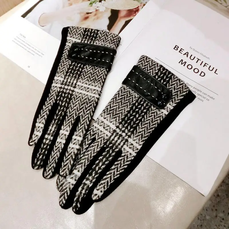 Woolen PU Leather Striped Wool Gloves Korean Version Of Autumn And Winter Button Girl Finger Thick Five-finger Gloves