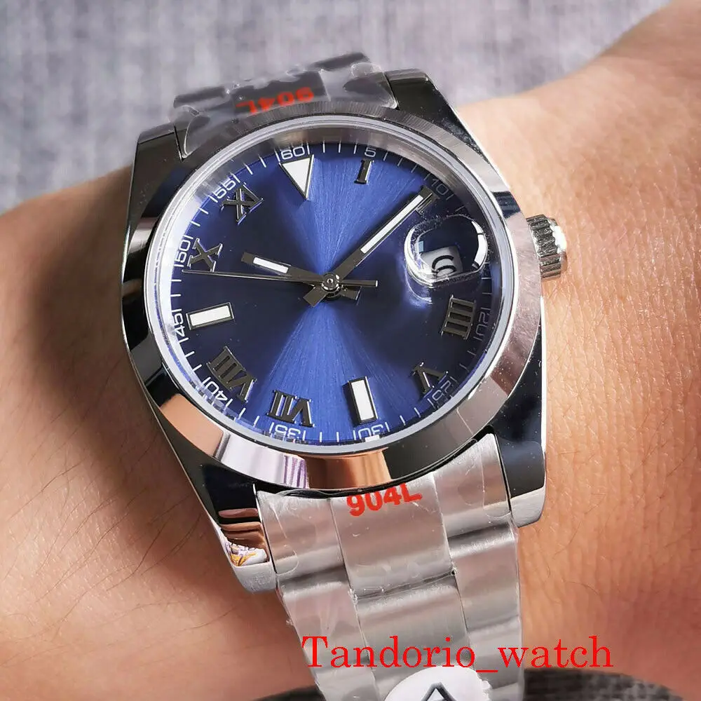 

36mm Automatic Men's Watch Blue Sunburst Dial Cyclops Sapphire Crystal Auto Date Polished Bezel MIYOTA8215 MINGZHU2813 Movement