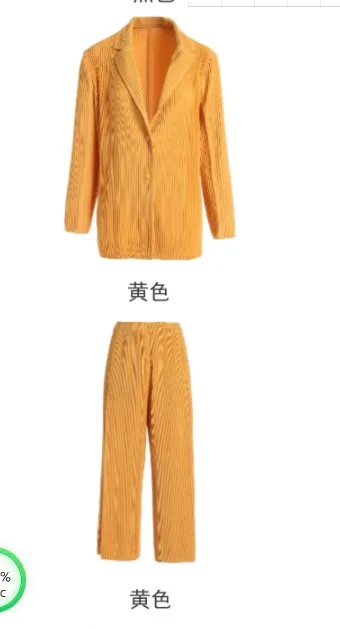 HOT SELLING Miyake fold  fashion  Single-breasted long sleeve coat nine points Straight-leg pants two-piece  solid suit IN STOCK