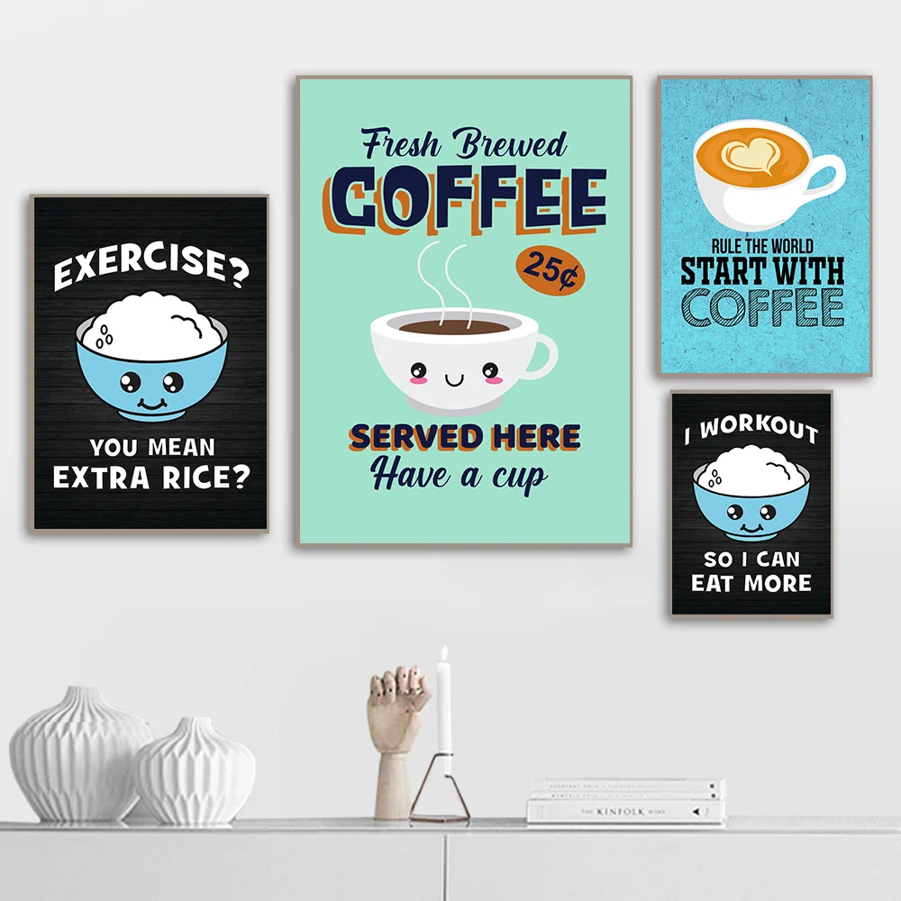 Retro Kitchen Poster and Print Coffee Exercise Extra Rice Canvas Painting Funny Vintage Wall Pictures for Living Room Home Decor