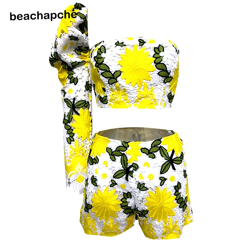 Beachapche feminino sexy oco out top e conjunto curto, colete de um ombro, shorts de renda, amarelo, conjunto de duas peças club outfit