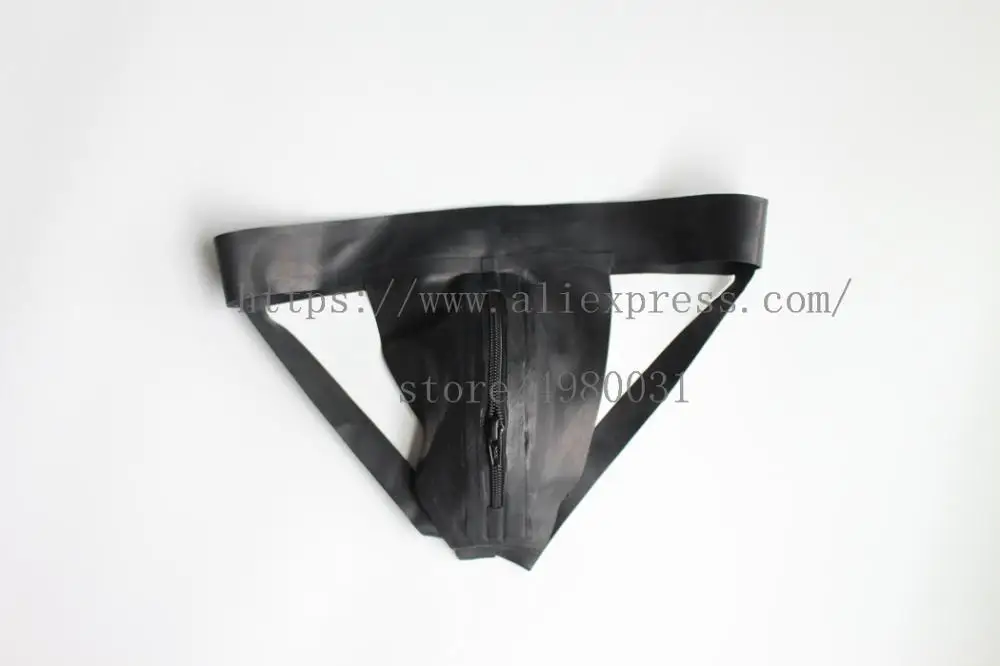 Cool and sexy jockstraps men\'s black latex T-back with front zipper and made of 100% real & natural latex materials