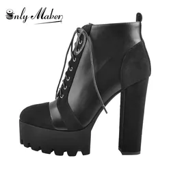 Onlymaker Women Platform Ankle boots Heels Lace-up Flock Thick High Heel Zip Plus Size Booties