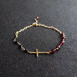 Lii Ji Genuine Garnet Black Spinel Bracelet 925 Sterling Silver Cross US14K GF Chain Bracelet Delicate Jewelry for New Year Gift