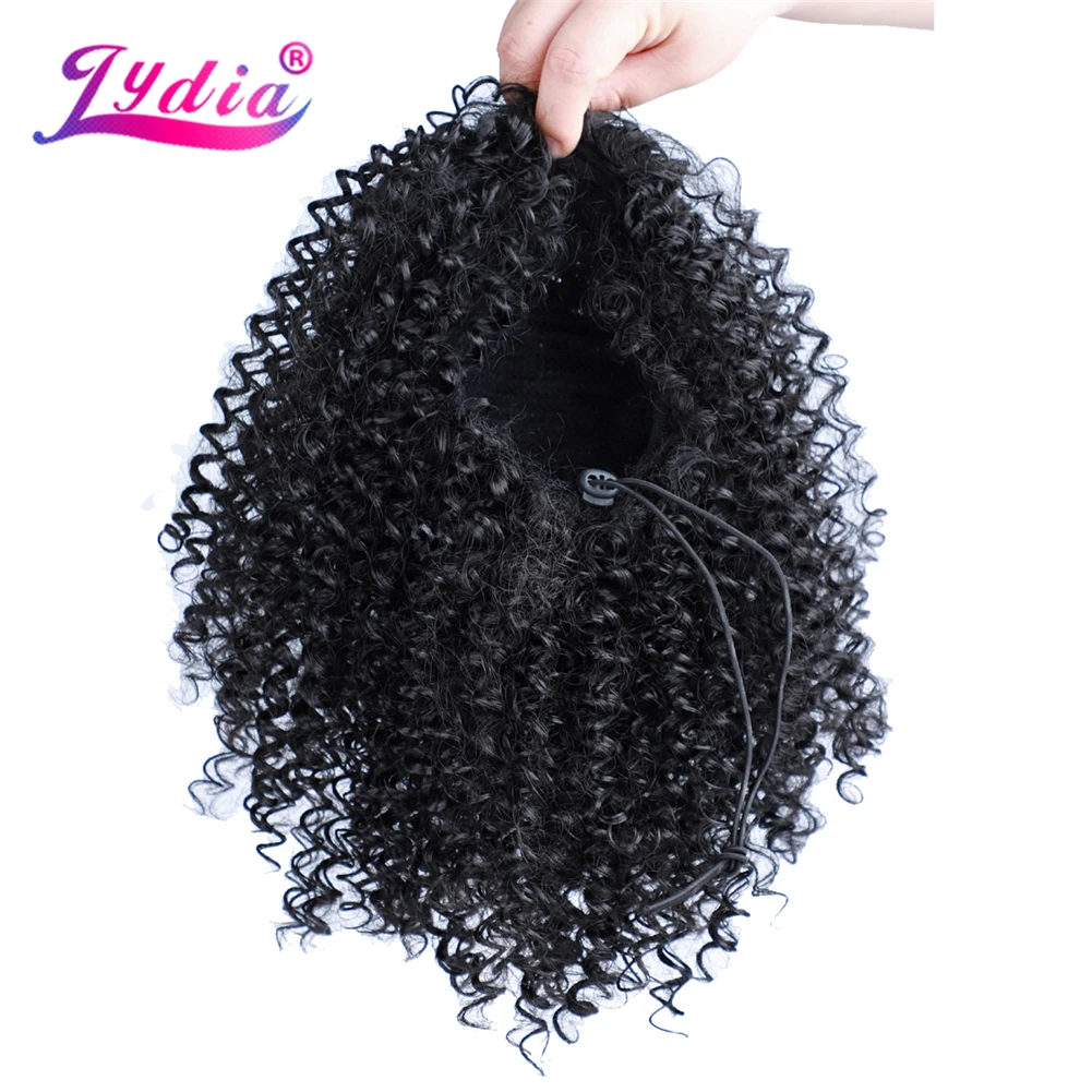 Lydia-extensiones de cabello Afro rizado sintético con dos peines de plástico, Puff cola de caballo, Clips en postizo para afroamericano, 18\