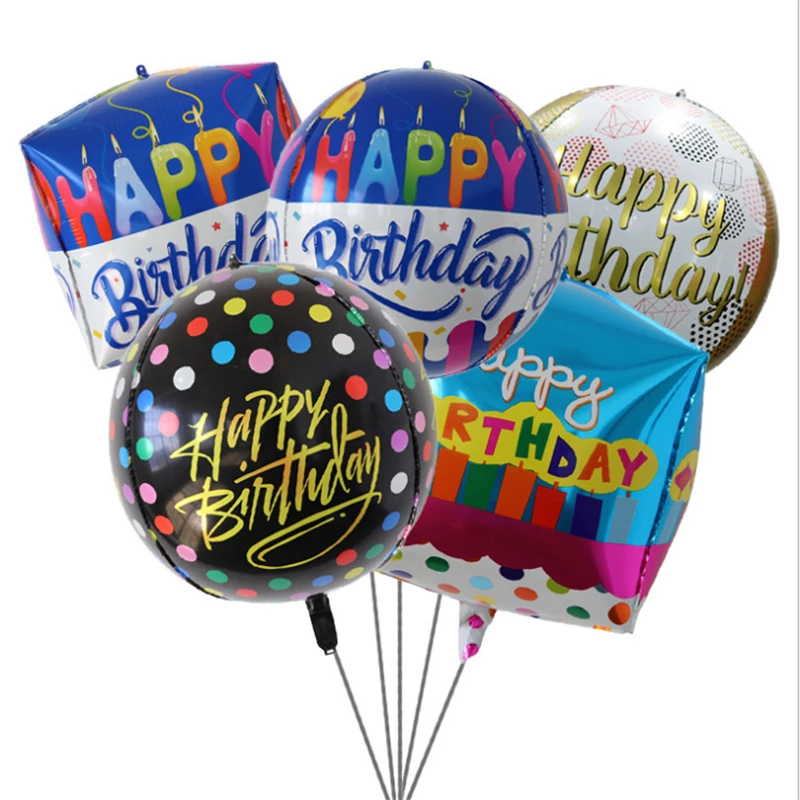 Printed 4D Ball Happy Birthday Balloon Six-Sided Ball Party Decorative Aluminum Foil Balloon 22-Inch