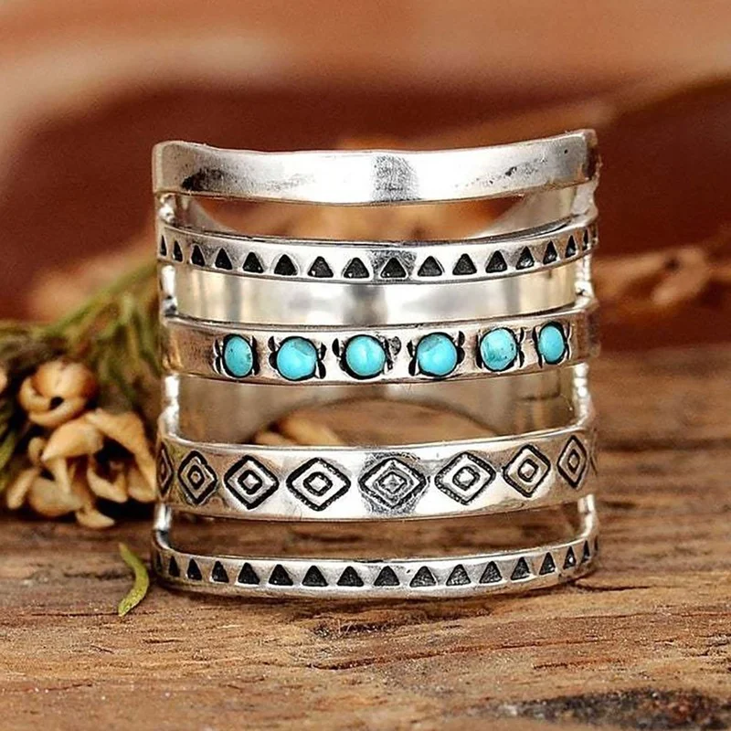 Vintage Bohemian Women's 925 Sterling Silver Multilayer Hollow Turquoise Ring Band Exquisite Engagement Wedding Rings