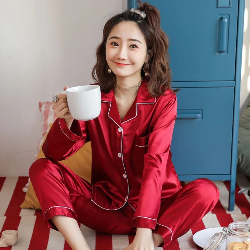 OVERSIZE 3XL 4XL 5XL Women Sleepwear Satin 2PCS Shirt&Pants Pajamas Set Solid Nightwear Silky Intimate Lingerie Casual Homewear