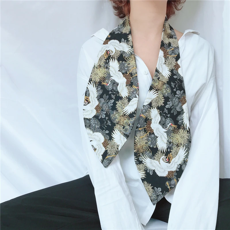 Japanese Traditional Kimono Tie Cravat Women Scarf Vintage Crane Wave Print Retro Yukata Accessories Unisex Ukiyoe Style 2022