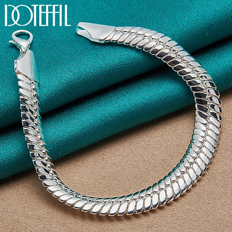 DOTEFFIL 925 Sterling Silver 10mm Side Snake Chain Bracelet For Man Women Wedding Engagement Party Fashion Jewelry