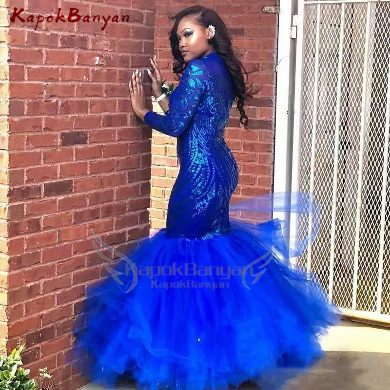 Vestidos de Fiesta de sirena azul real para niñas, vestidos de noche formales de talla grande, mangas largas, tul de lentejuelas, cuello puro, ilusión negra