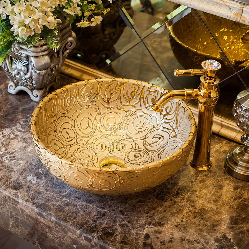 

China Artistic Handmade Europe Vintage Lavabo Washbasin Ceramic Bathroom Sink Art Counter Top jingdezhen ceramic art basin gold