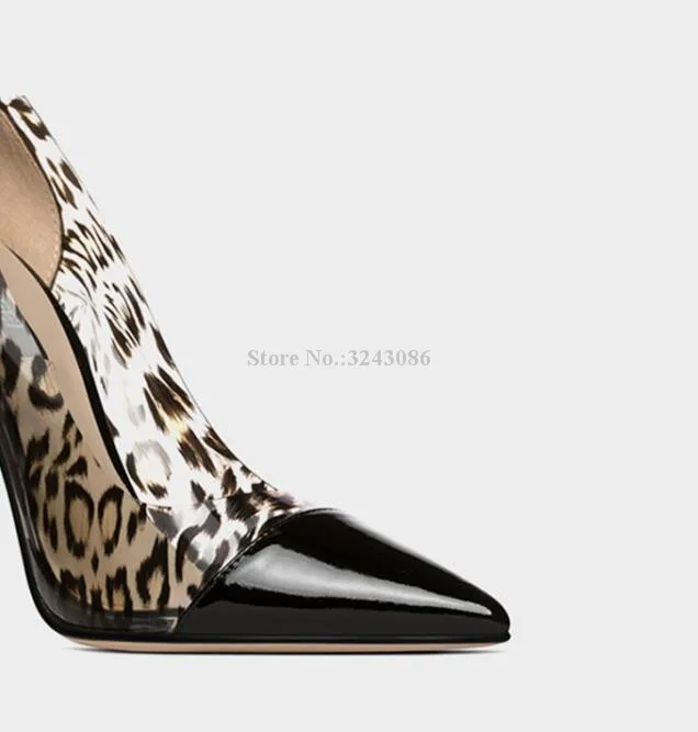 Sexy Leopardo PVC Tacco A Spillo Pompe Scarpe Da Donna di Modo di Nuovo A Punta Toe in Vernice Nera In Pelle Singoli Pattini Della Signora Popolare Tacchi