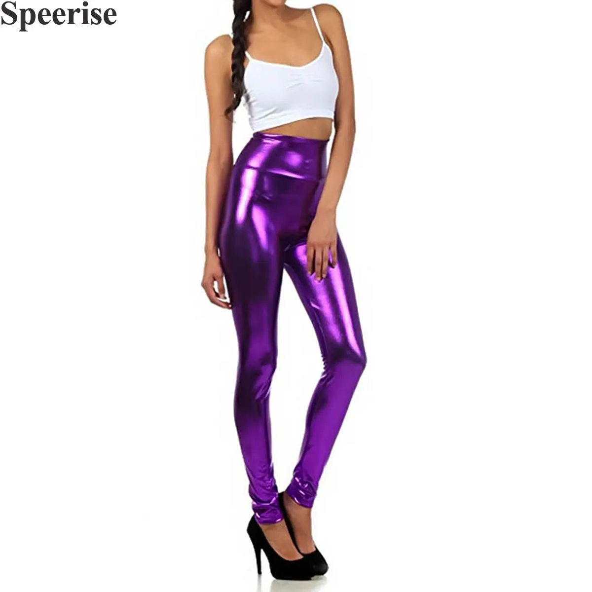 Delle donne Effetto Bagnato Leggings Lucido brillante Del Cuoio Del Faux Metallic Elastico Sexy A Vita Alta Calzamaglie Della Signora Danza Pant