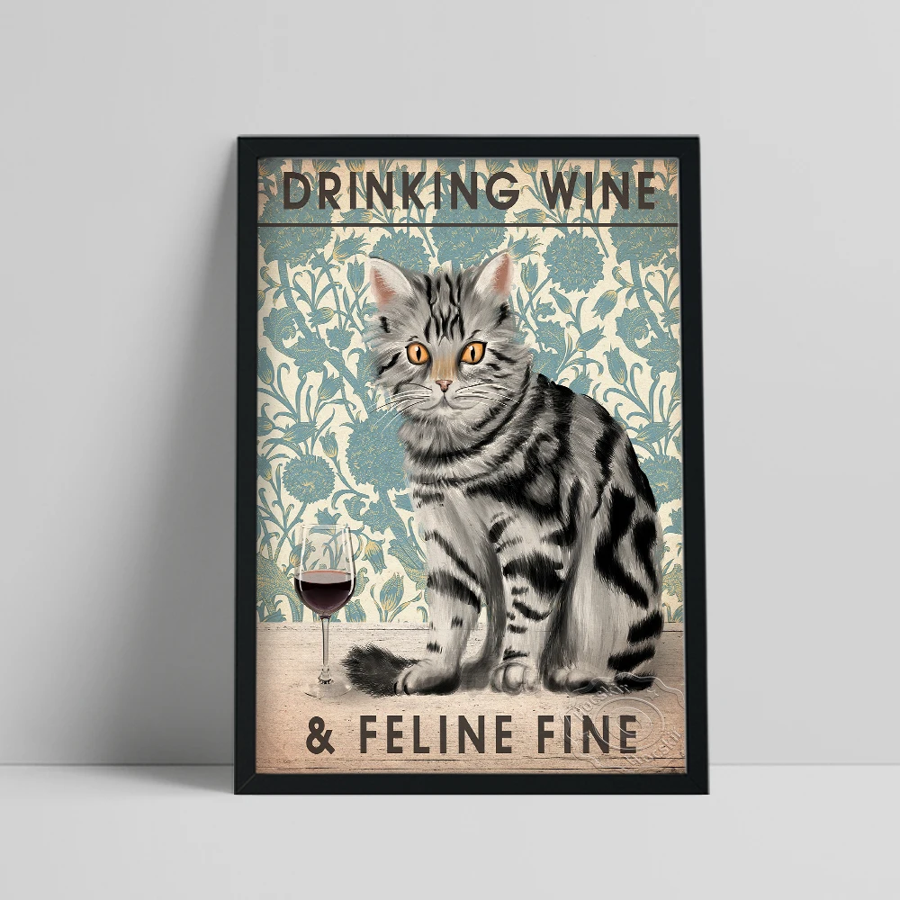 Vintage Funny Cat Poster, Drinking Wine & Feline Fine Wall Stickers, Blue Flower Animal Wall Decor, Cat Lover Art Prints Gift