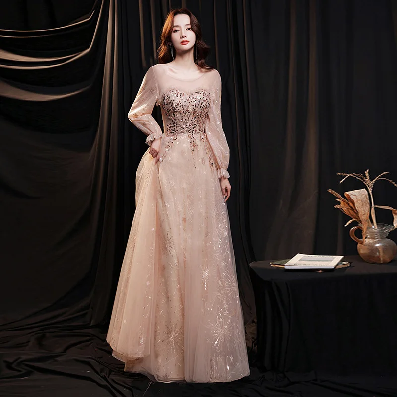 Pailletten Abendkleider Neue Illusion Champagne Langarm Tüll Ballkleid Bankett Crytal Formalen Prom Kleid robes de soirée