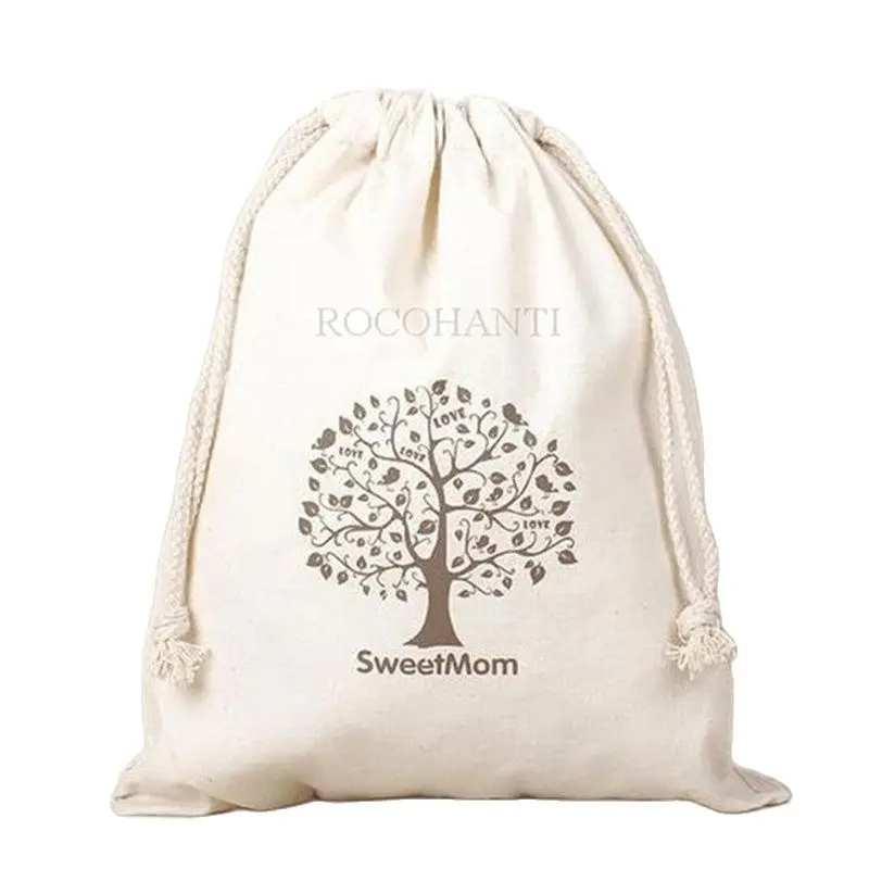 ROCOHANTI 100x Factory Price Natural Eco Friendly Cotton Sack Rice Bag Custom Logo Printed Canvas Cotton Drawstring Gift Bags