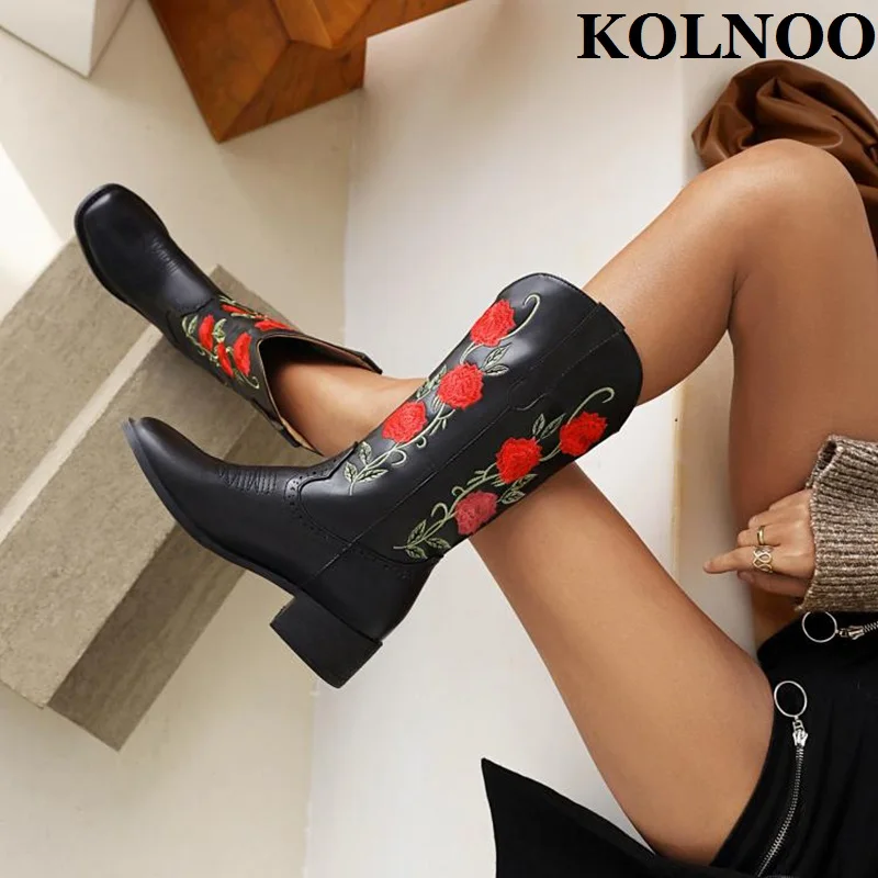 Kolnoo New Handmade Women's Retro Boots Sewing Embroidery Flowers Classic Midcalf Boots Vintage Fashion Party Short Winter Shoes