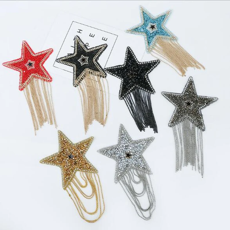 Coloured Sparkling Rhinestone Five-pointed Star Tassel Clothes Patches Patches for Clothing Appliques Iron-on stickers