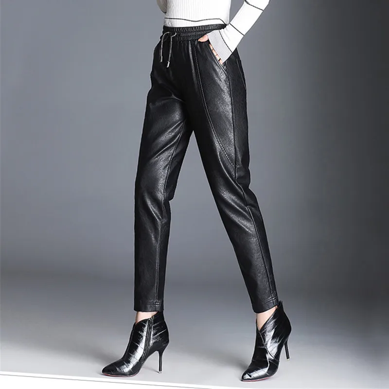 Women PU Leather Pants Fashion Drawstring Tie Ankle Trousers Elastic Waist Pants Pockets Black Streetwear Pantalones Mujer P162