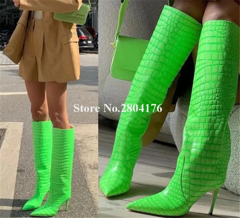 

Fashion Women Pointed Toe Stone Pattern Leather Stiletto Heel Knee High Boots Green Blue White Thin Heel Long Boots Dress Shoes