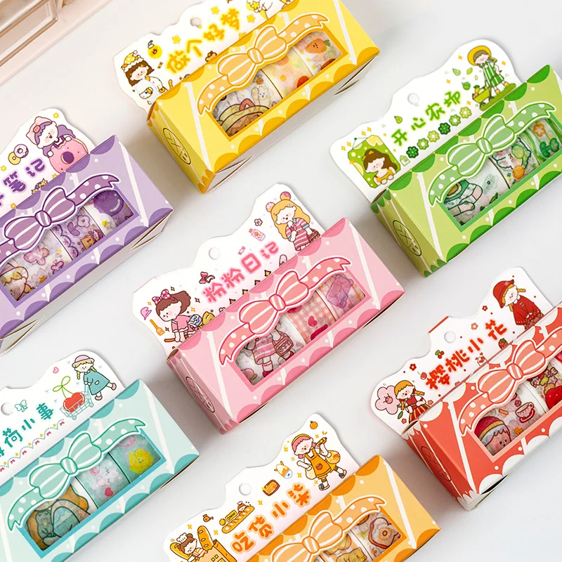 

Girl heart and paper tape set cute characters daily hand account diary diy collage decoration stickers kawaii supplies