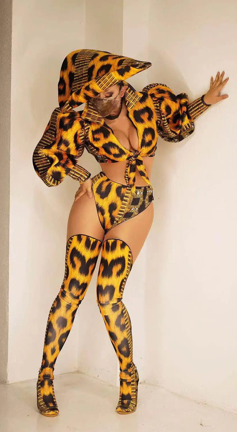 Women Jazz Dancer Singer Outfit Set Leopard Pattern Shirt Short Cap Legging Outfit Prom Club Cosplay Bar DS Show Wear