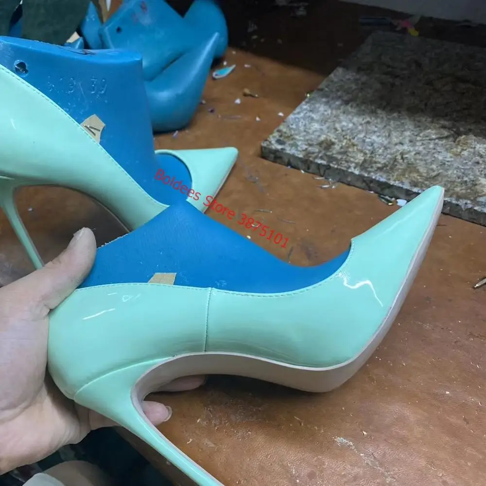 Big Size Women Pumps 12CM Sky Blue Dress Shoes Spring Pointed Toe Wedding Heels