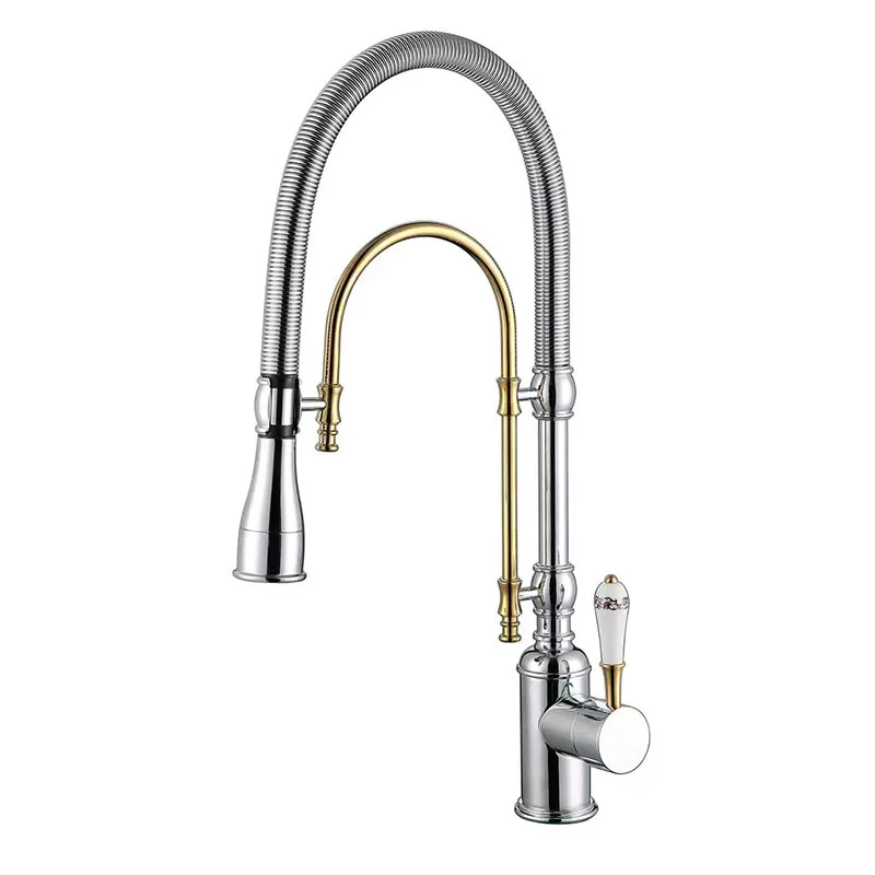 Gold Kitchen Sink Faucets, Hot and Cold Brass Rotating Mixer Tap, Pull Out Spray Nozzle, Single Handle, Dual Outlet, Deck Mount