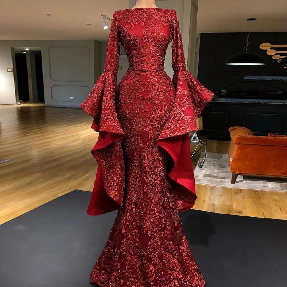 Luxury Flare Sleeve Dark Red Applique Sequins Lace Dubai Evening Dresses Long Sparkle Mermaid Prom Dress 2020 robe de soiree