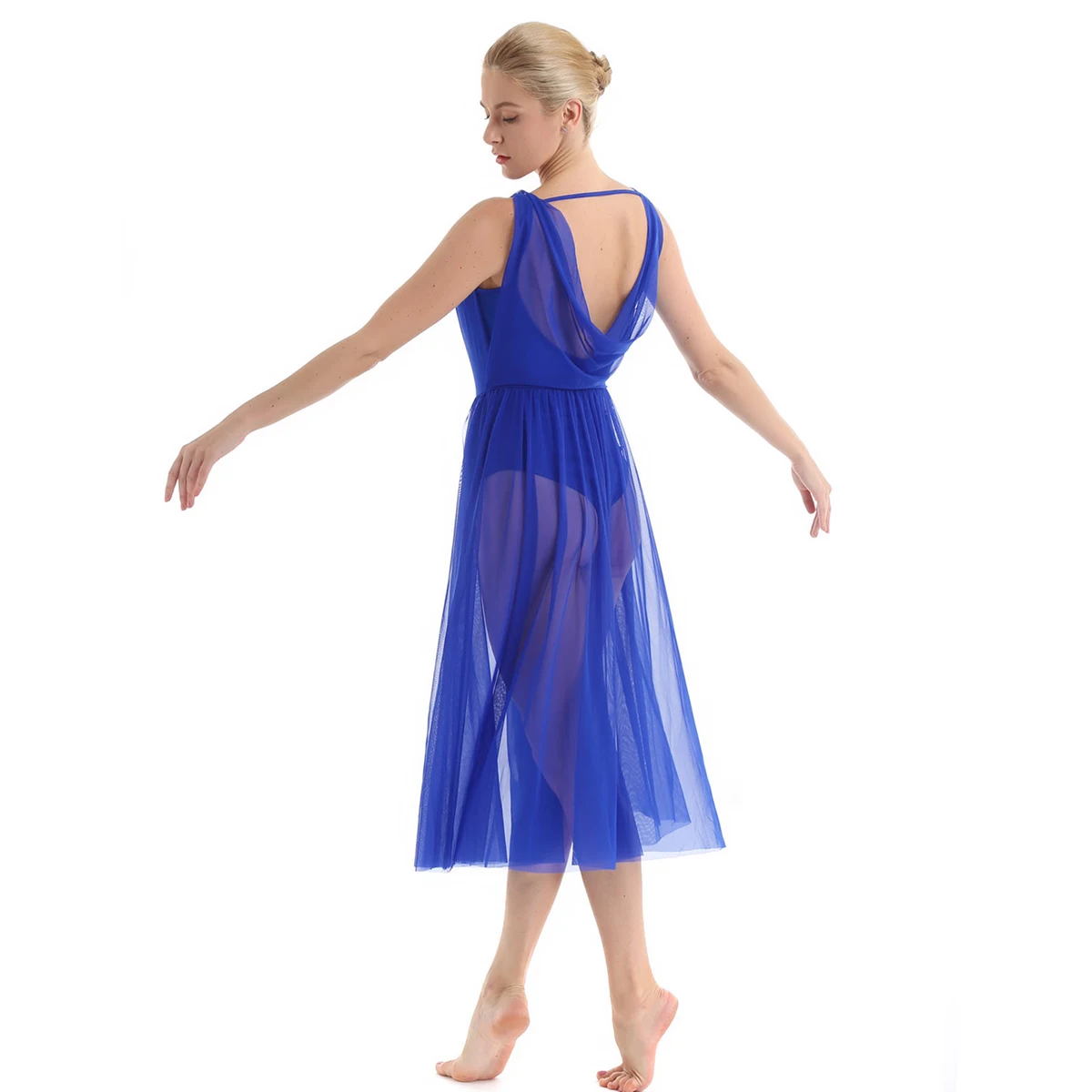 Vrouwen Mouwloze Mesh Ballet Turnpakje Dress Split voor Ingebouwde Plank Beha Gymnastiek Turnpakje Volwassen Stadium Lyrische Dans Kostuums