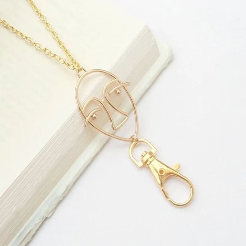 Gold Lanyard ID Badge Holder Card Necklace Abstract Face Mask Modern Art Card Holder