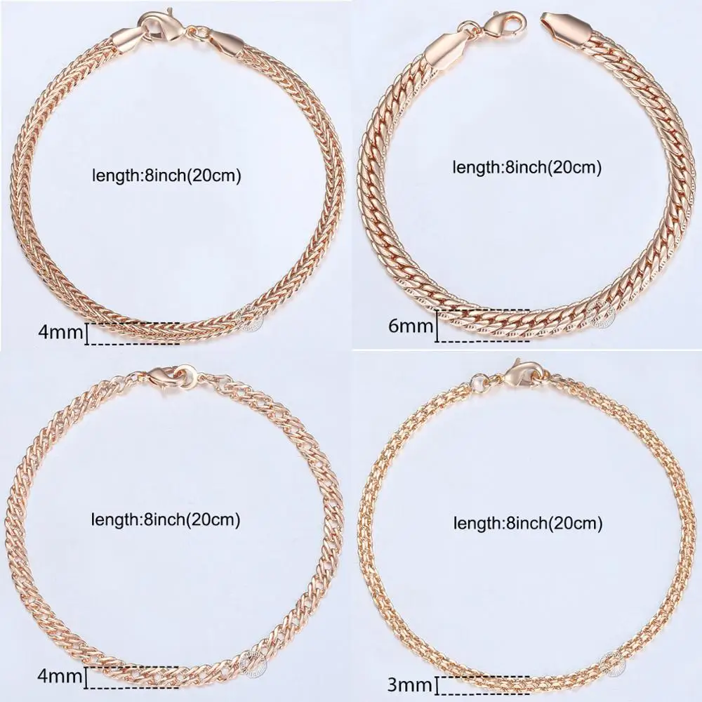 8Pcs/Lot Womens Mens Bracelets 585 Rose Gold Color Braided Foxtail Bismark Cuban Snake Link Chain Bracelets Wholesale LCBB1A