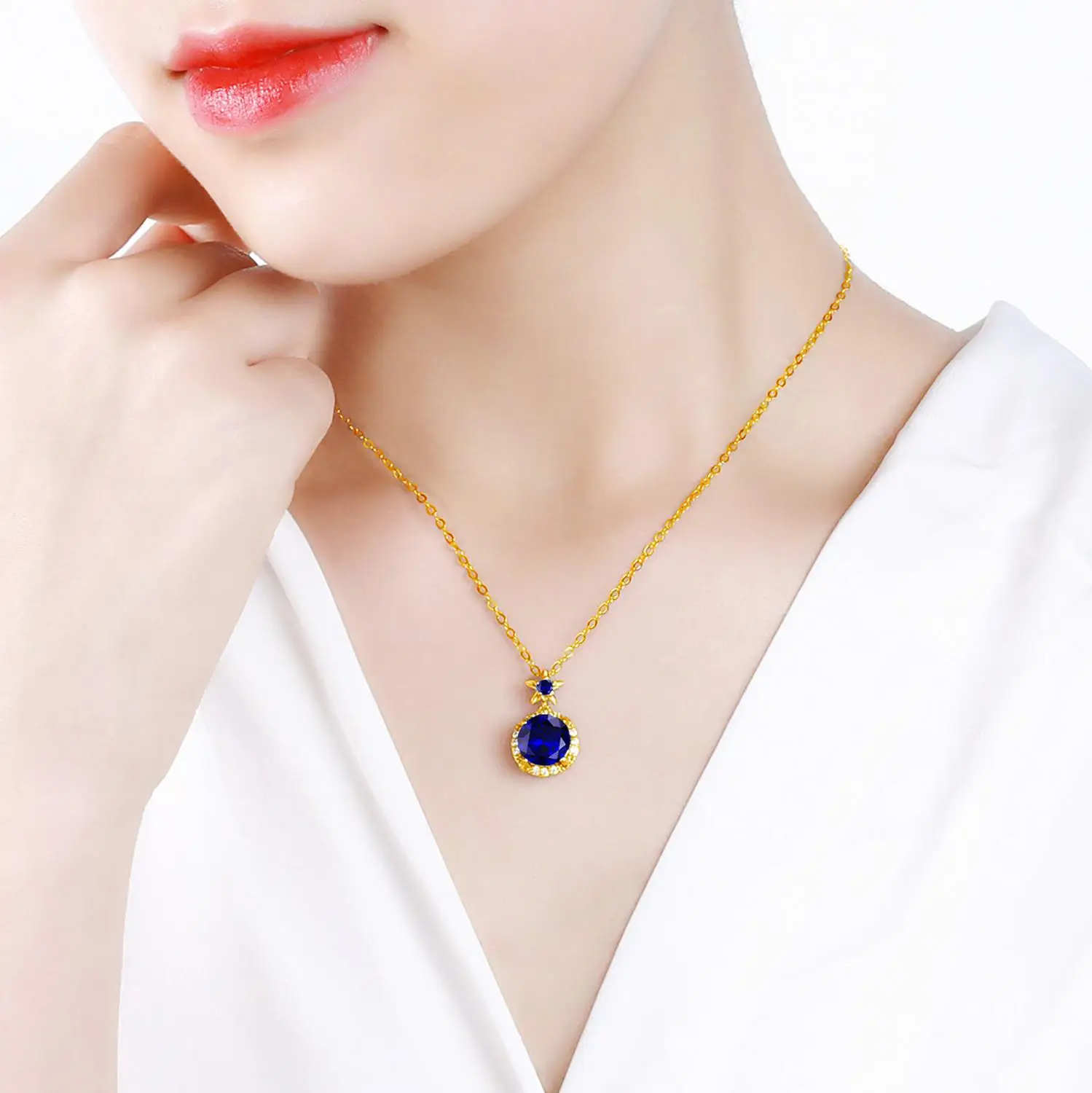 Szjinao 18K Gold Pendant Necklace Blue Sapphire Real 925 Sterling Silver Handmade Designer Gemstones Fine Jewellery For Women