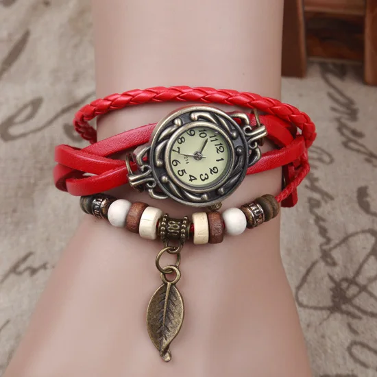 Reloj Vintage de cuero de vaca para mujer, pulsera de cuarzo con cuentas Vogue, Estilo Vintage, kz010