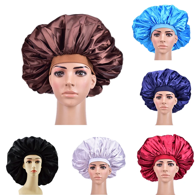 Gorro de dormir sedoso de satén Extra grande con banda elástica Premium para mujer, envoltura de cabeza de Color sólido, gorro de noche con ala