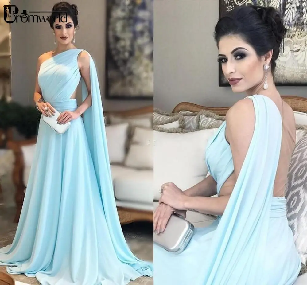 One Shoulder Light Sky Blue Evening Dresses Pleated Chiffon Floor Length Saudi Arabic Prom Dresses Elegant Women Formal Gowns