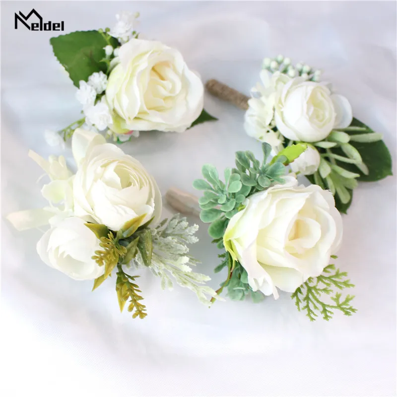 Meldel Wedding Boutonniere Bloem Witte Roos Bruid Pols Corsage Armband Bruidegom Boutonniere Bruiloft Getuige Huwelijk Accessoires