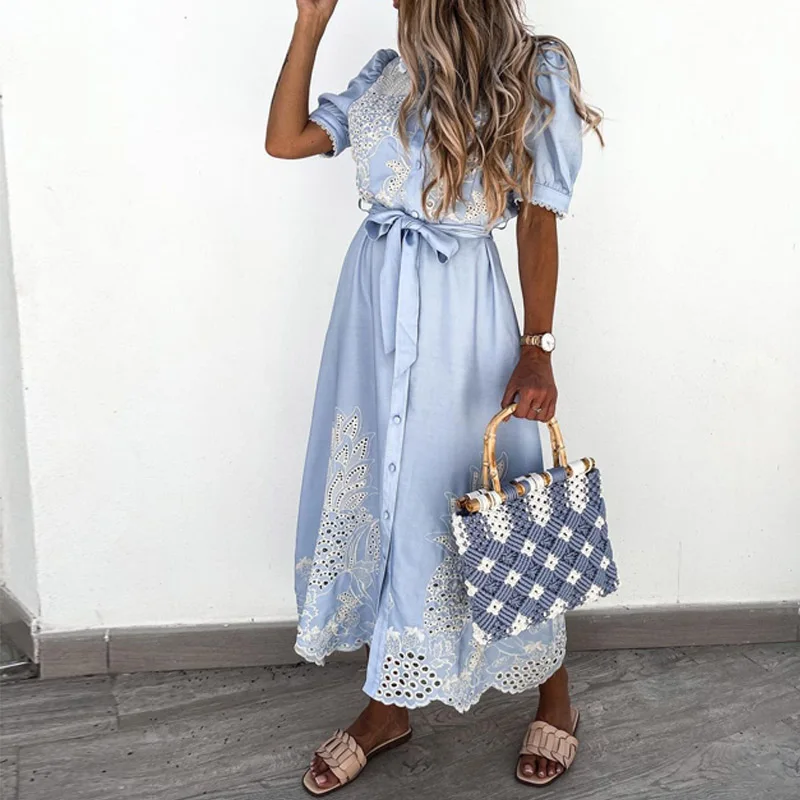 2021 Summer Puff Sleeve Lace Party Dress Sexy Hollow Out Patchwork Embroidery Long Dress Elegant Women Tie-Up Belted Shirt Dress