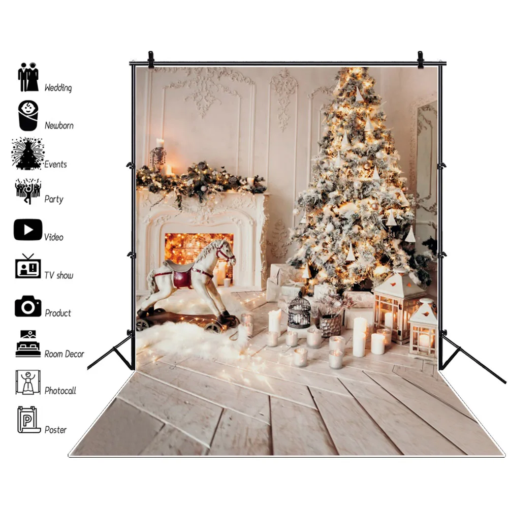 Sáng Bóng Cây Giáng Sinh Hình Phông Nền Vòng Hoa Quà Tặng Gấu Sàn Gỗ Chụp Ảnh Nền Phòng Nội Thất Trang Trí Nhà Photophone