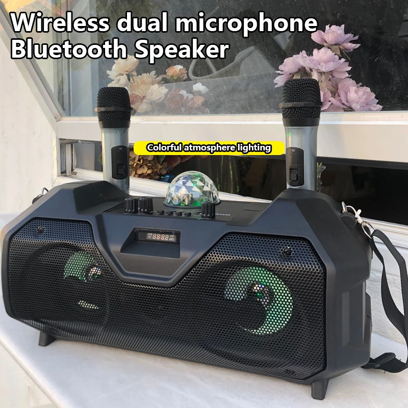 Portable 3D stereo subwoofer karaoke home wireless bluetooth speaker colorful LED light dual microphone support FM radio TF card