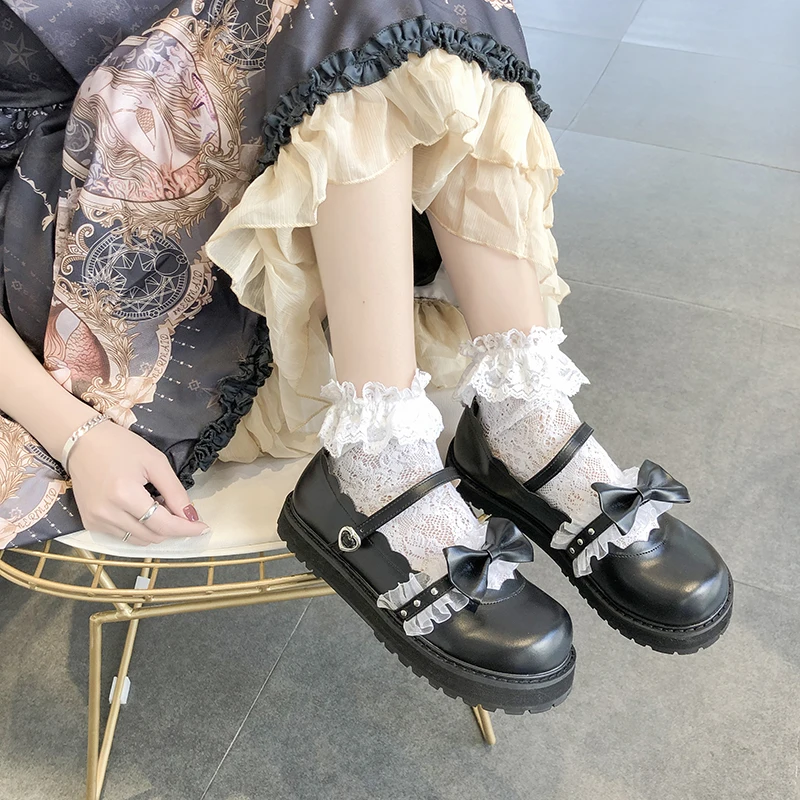 Lolita – petites chaussures japonaises en cuir et dentelle pour femmes, souliers lolita doux, fille chérie, nœud rétro, tête ronde