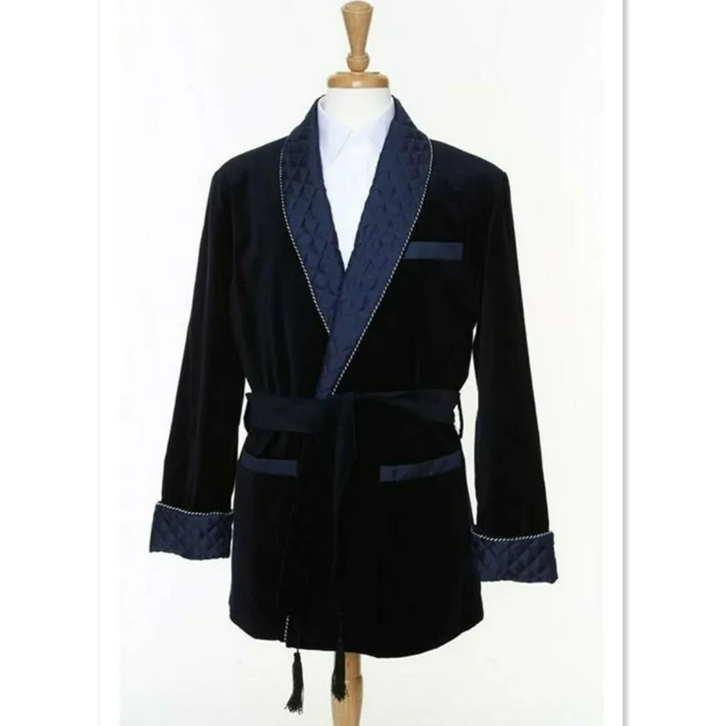 

Velvet Men Belt Smoking Jackets Designer Shawl Lapel Dinner Party Wear Quilted Loose Vintage Blazers Tuxedo Jacket Only