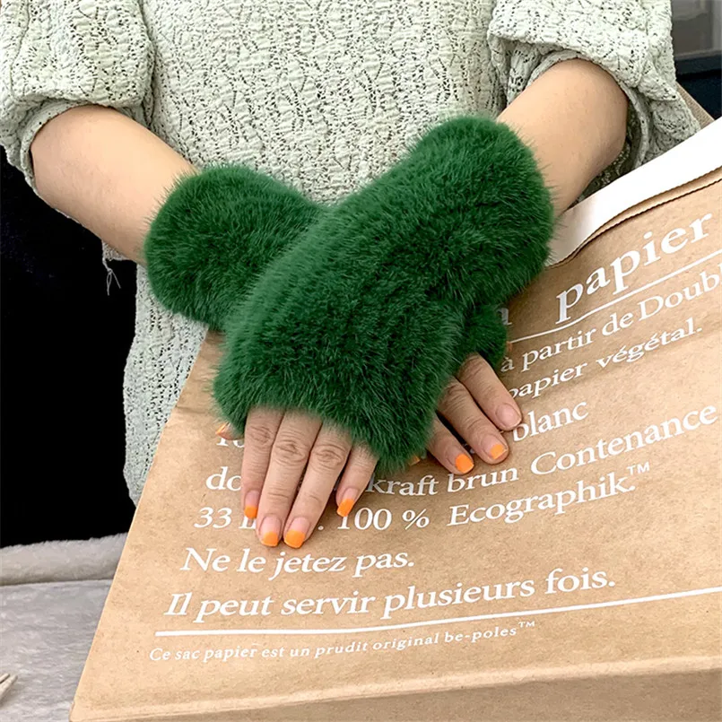 Real Mink Fur Gloves Girls Knitted Fingerless Mittens Elastic Spandex Fluffy Weave Winter Luxury Handwarmer